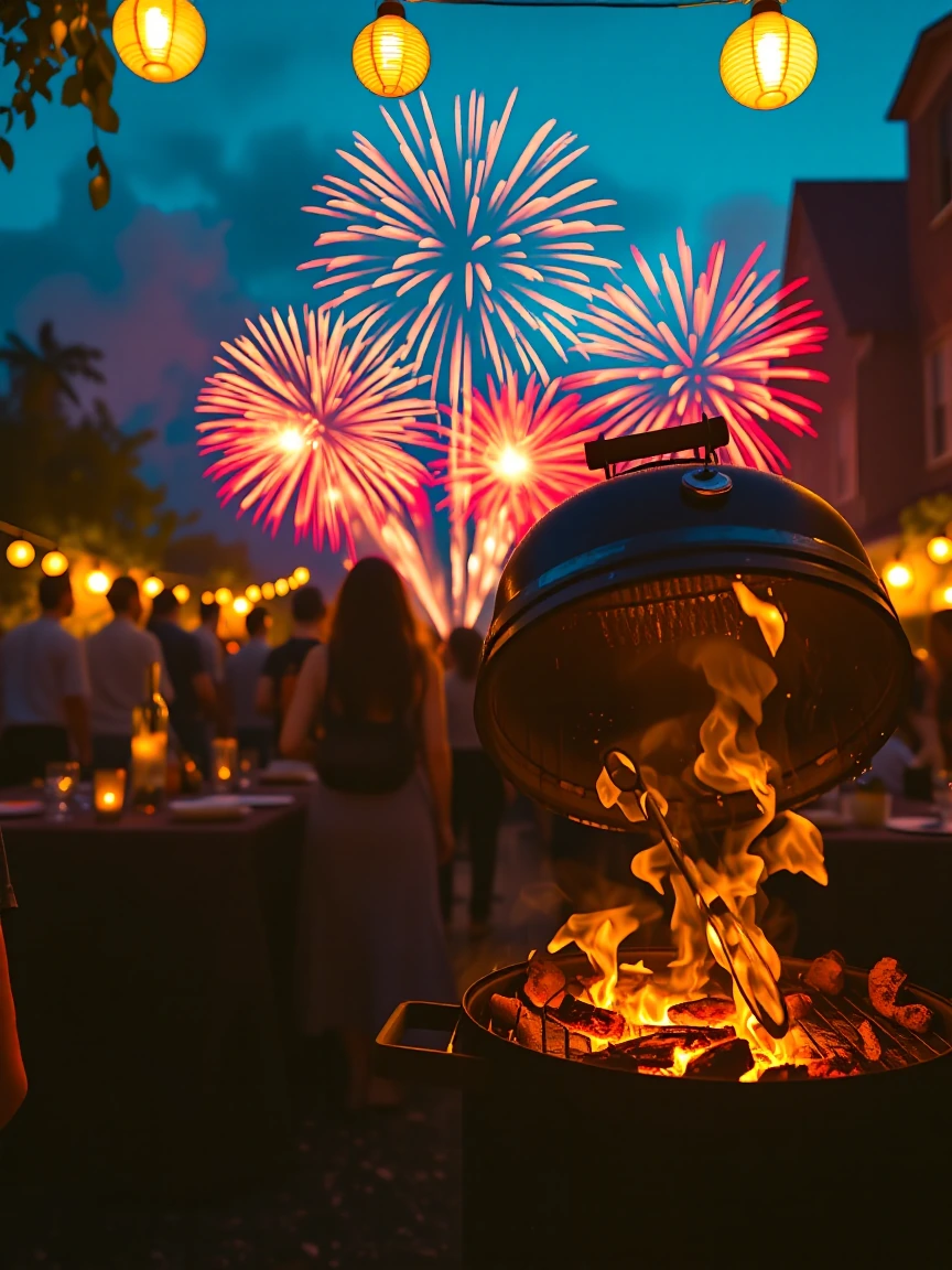 Wide-angle scene of a Fourth of July 250th anniversary backyard celebration at golden hour: a multigenerational crowd silhouetted against a darkening sky, faces upturned toward massive fireworks bursting in slow-motion trails of red white and blue di