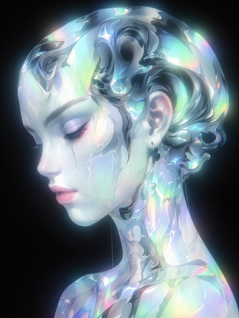 # Geometric Portrait in Turquoise This striking digital artwork features an abstract portrait composed of translucent, geometric triangular shapes in varying shades of teal, turquoise, and white. The figure's profile emerges from layered, overlapping