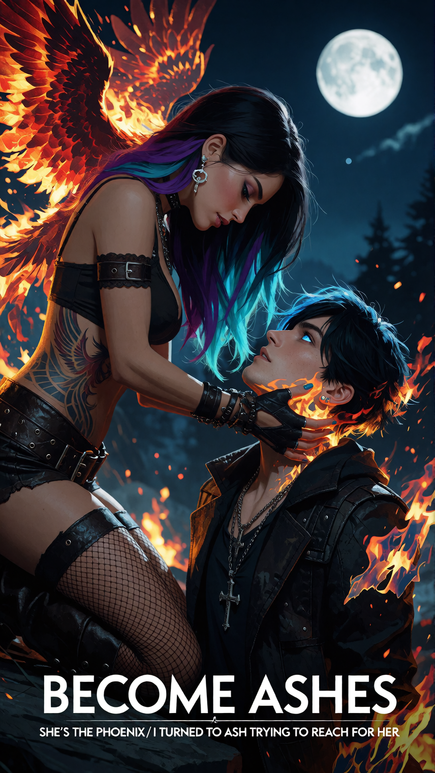 Masterpiece, best quality, ultra-detailed 8K cinematic album cover, square, glossy skin, perfect anatomy. Title text at the bottom: BECOME ASHES. Under it: SHE’S THE PHOENIX / I TURNED TO ASH TRYING TO REACH FOR HER. Rory Phoenix leans down from the 