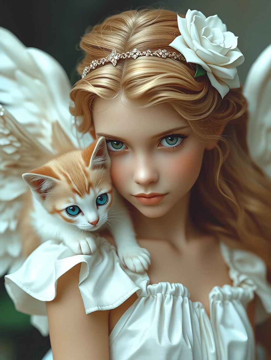 Close up, beautiful angel dressed in White satin. Little cherub kitten on her shoulder, nights in white satin. Turquoise eyes.
