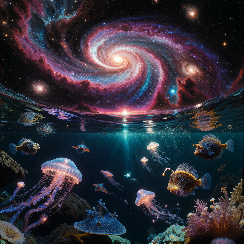 Symmetrical split-screen: upper half a deep-space vista of swirling galaxies and nebulae in neon purples, magentas, and electric blues; lower half an alien ocean with bioluminescent creatures mirroring the cosmic formations above—each galaxy becomes