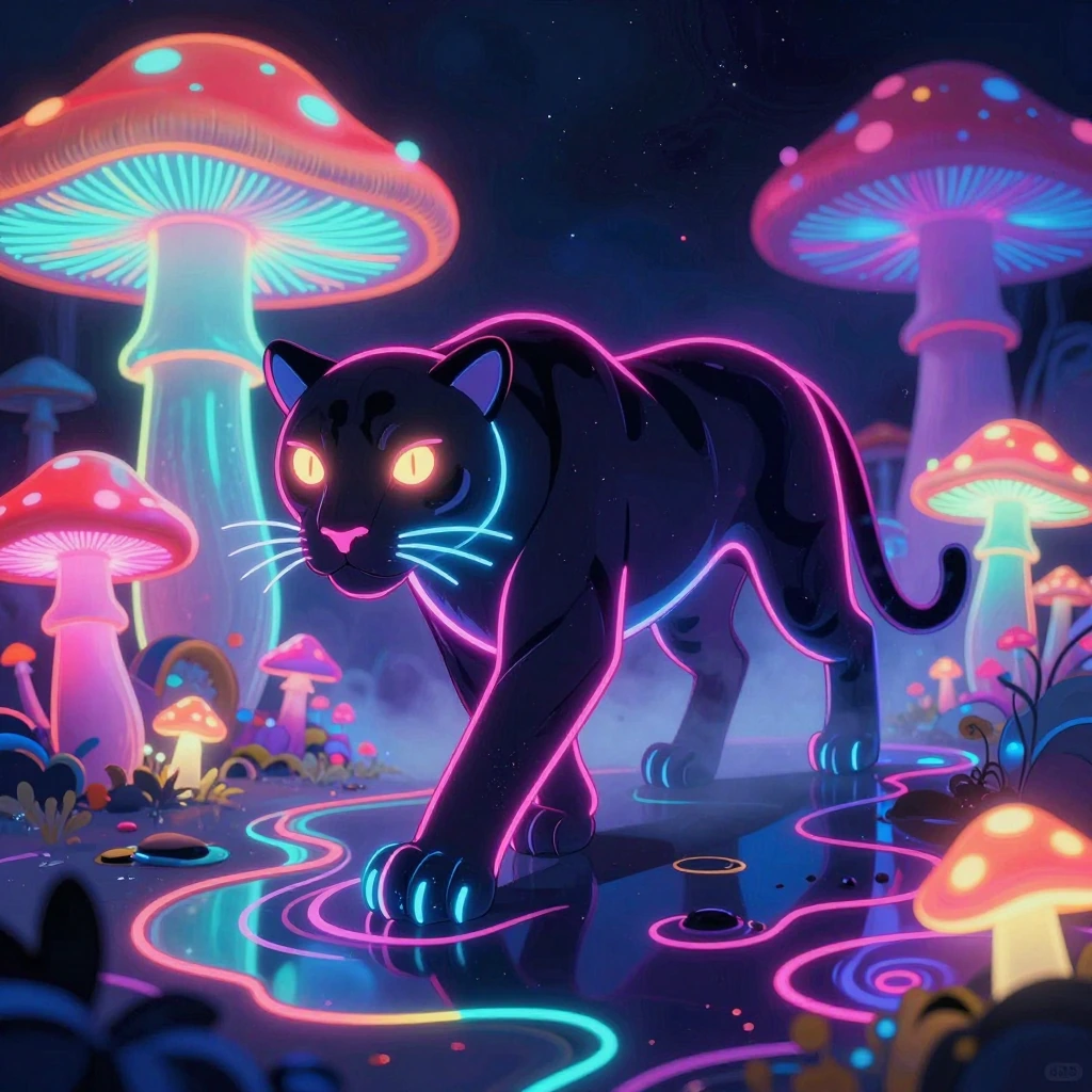 A majestic neon panther, outlined neon eyes, neon paws, walking through, a neon mushroom field, trippy, psycadelic neon rippling puddles are around, neon fog with dramatic rim lighting, cinematic photographic style