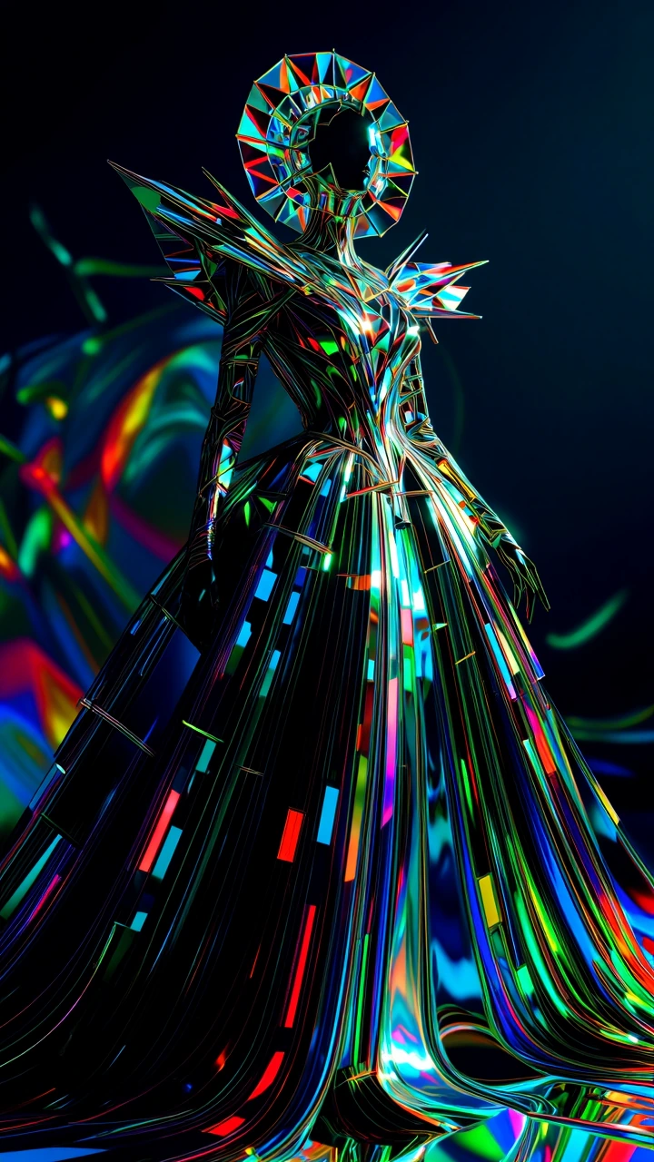 A macro-photographic, hyper-maximalist visualization of high-fashion royalty, functioning as a visual manifestation of thin-film interference and chaotic geometric optics. The core subject is an imposing, avant-garde queen draped in a monolithic, zer