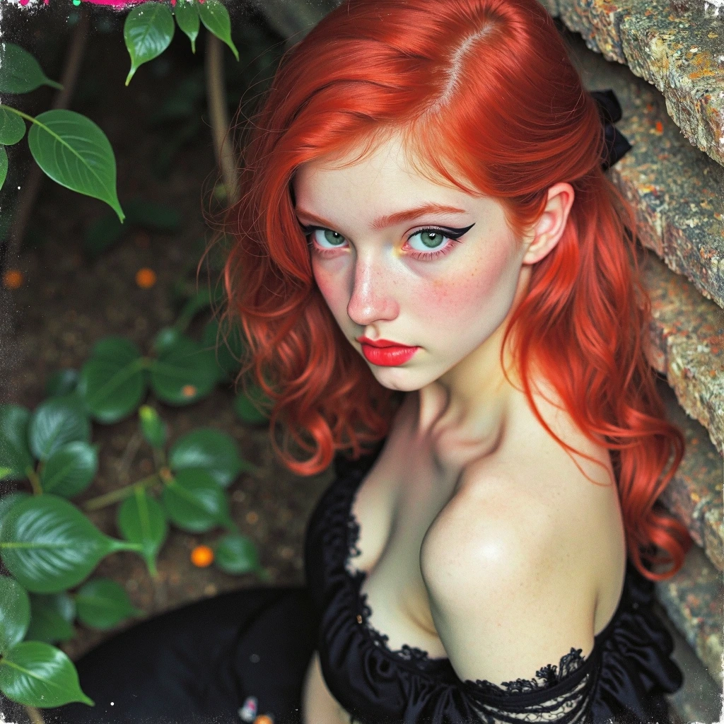 ariel, disney mermaid 1girl, fair skin, red lips, red hair, large aqua eyes, goth outfit, torn revealing clothes, goth makeup, looking at viewer,