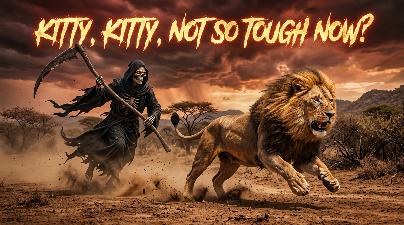A muscular African lion with a flowing golden mane charges fiercely across a sun-scorched savannah, its powerful paws kicking up dust as it races away from the Grim Reaper whose tattered black cloak billows dramatically in pursuit. The skeletal figur