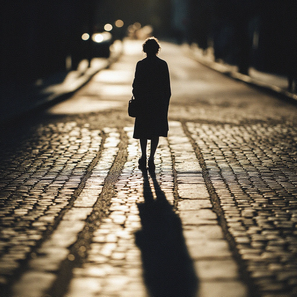 A solitary figure stands at the intersection where weathered dirt paths converge with ancient cobblestone roads, their elongated shadow stretching dramatically across the textured ground in warm golden light, creating a sense of contemplation and cho