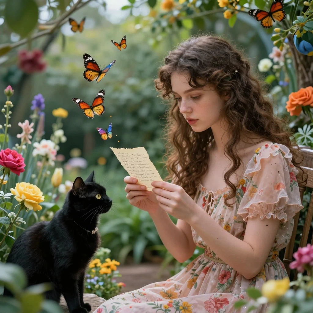 A woman in an ornate garden surrounded by oversaturated colors holds a fading handwritten note while a black cat watches intently, the text morphing into butterflies and disappearing.
