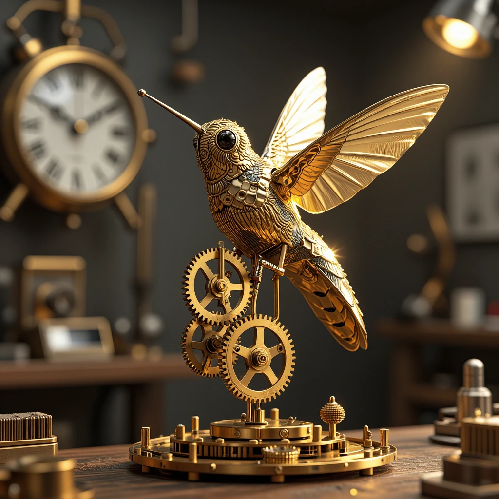 A mechanical clockwork hummingbird made of gleaming brass gears and pieces fluttering around a steampunk workshop. Hyper detailed, clock faces, clockwork machinery