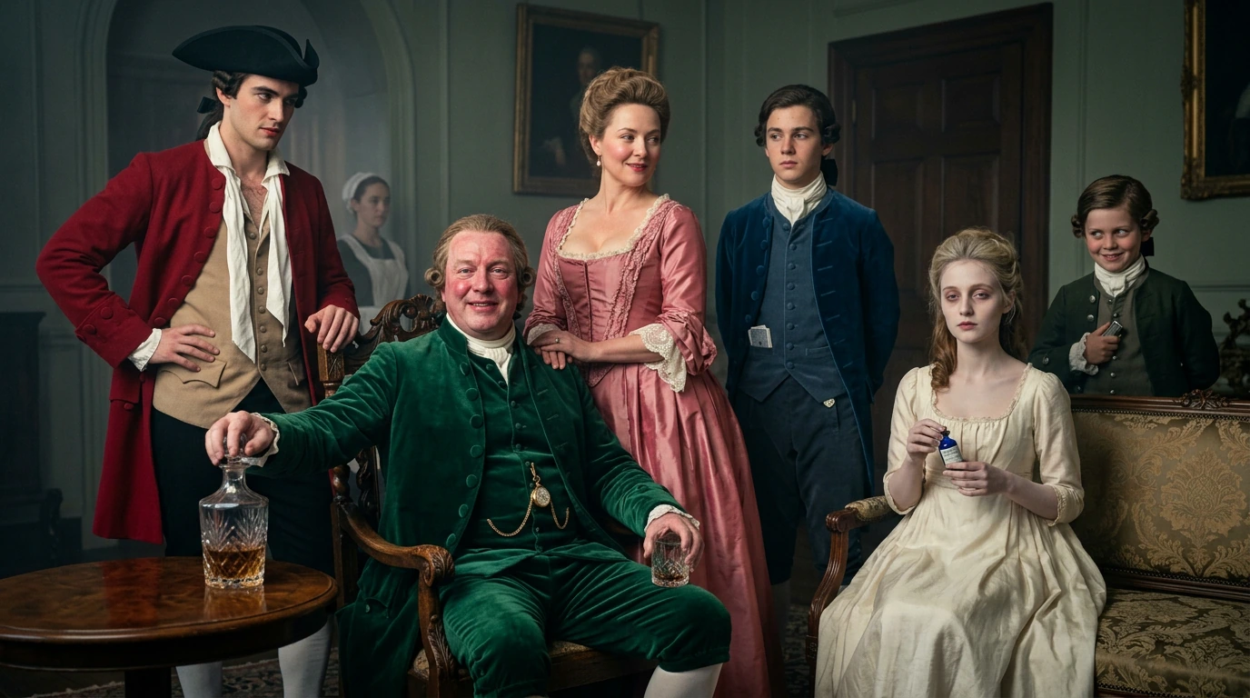 Family portrait of 18th Century "Landed Gentry" from Yorkshire. In which each member of the family is hiding a terrible secret vice that can be ascertained by the viewer. Sir Edmund Harrington, the Patriarch Seated front and centre on a carved oak ch