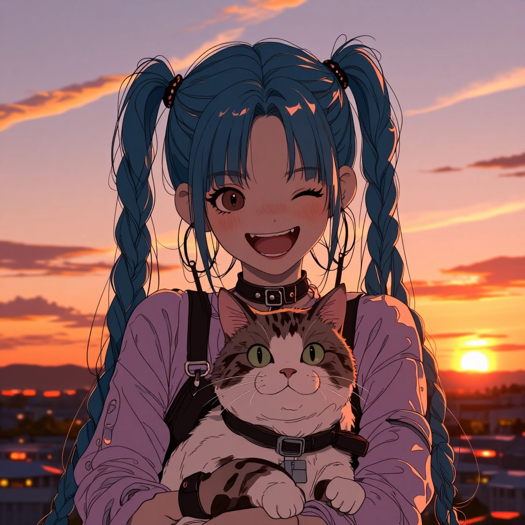 Beautiful Jinx with her cat, sunset
