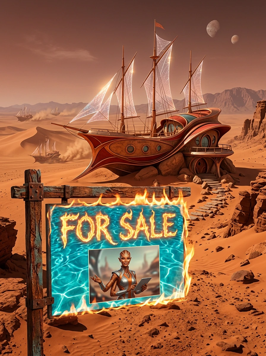 Beautiful alien designed house on Mars. The sign in front says “For Sale” and has a photo of an alien woman realtor on it. (the sign is written in fire and has a water background.) The house is designed to look like a Martian sand ship from the Marti