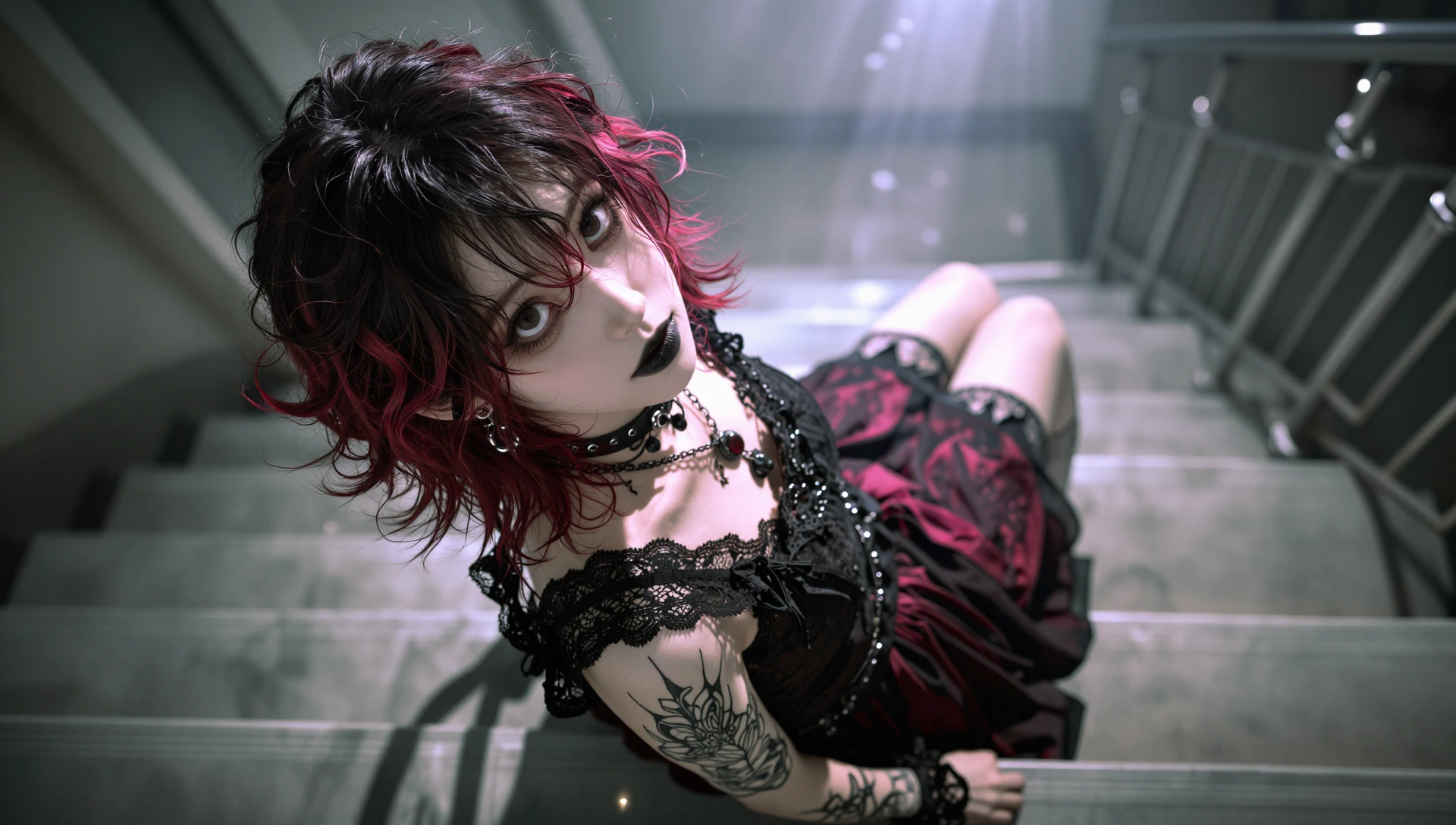 Goth girl with two-tone black and red hair. Short wavy hair. Black lace dress and black choker on her neck. Blackwork tattoo on her arm and black pend