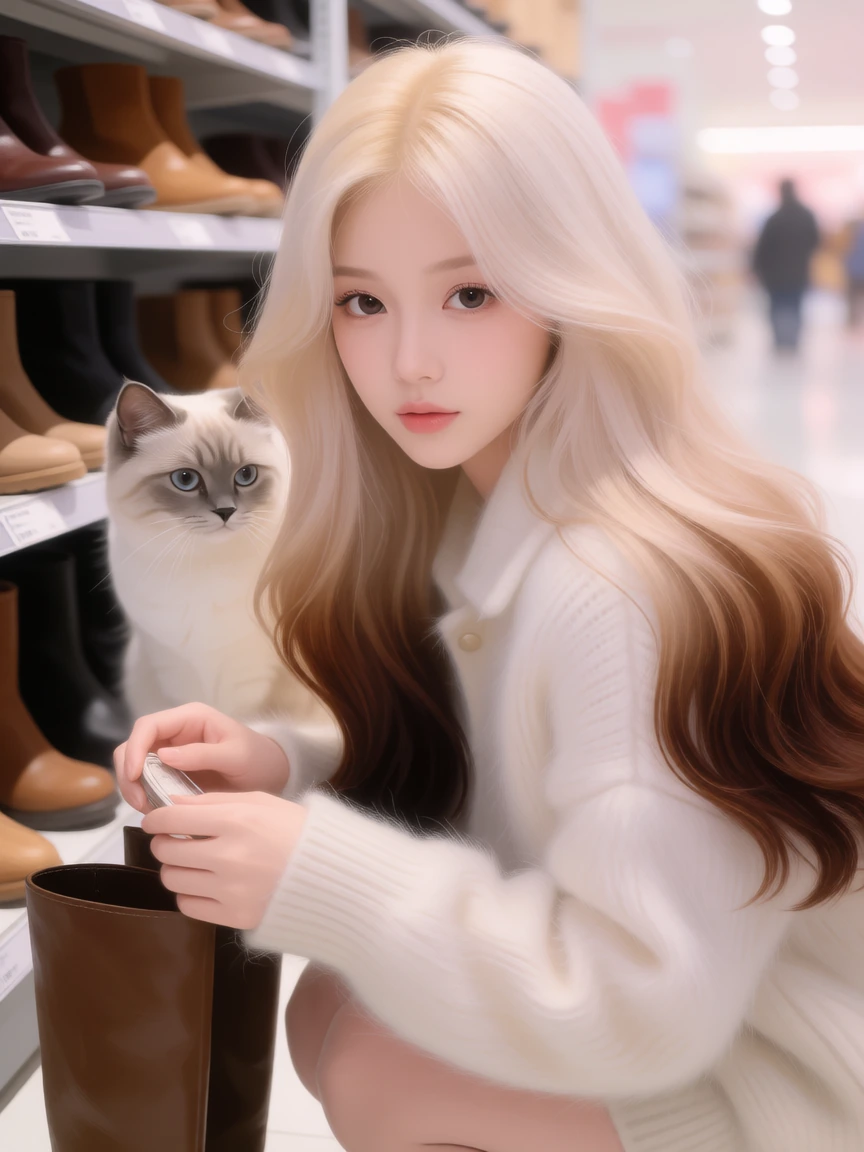 Beautiful woman with long flowing tan platinum ombre hair with brown tips, with her cat. Shopping for boots., Artistic quality, ethereal, pastel painting style