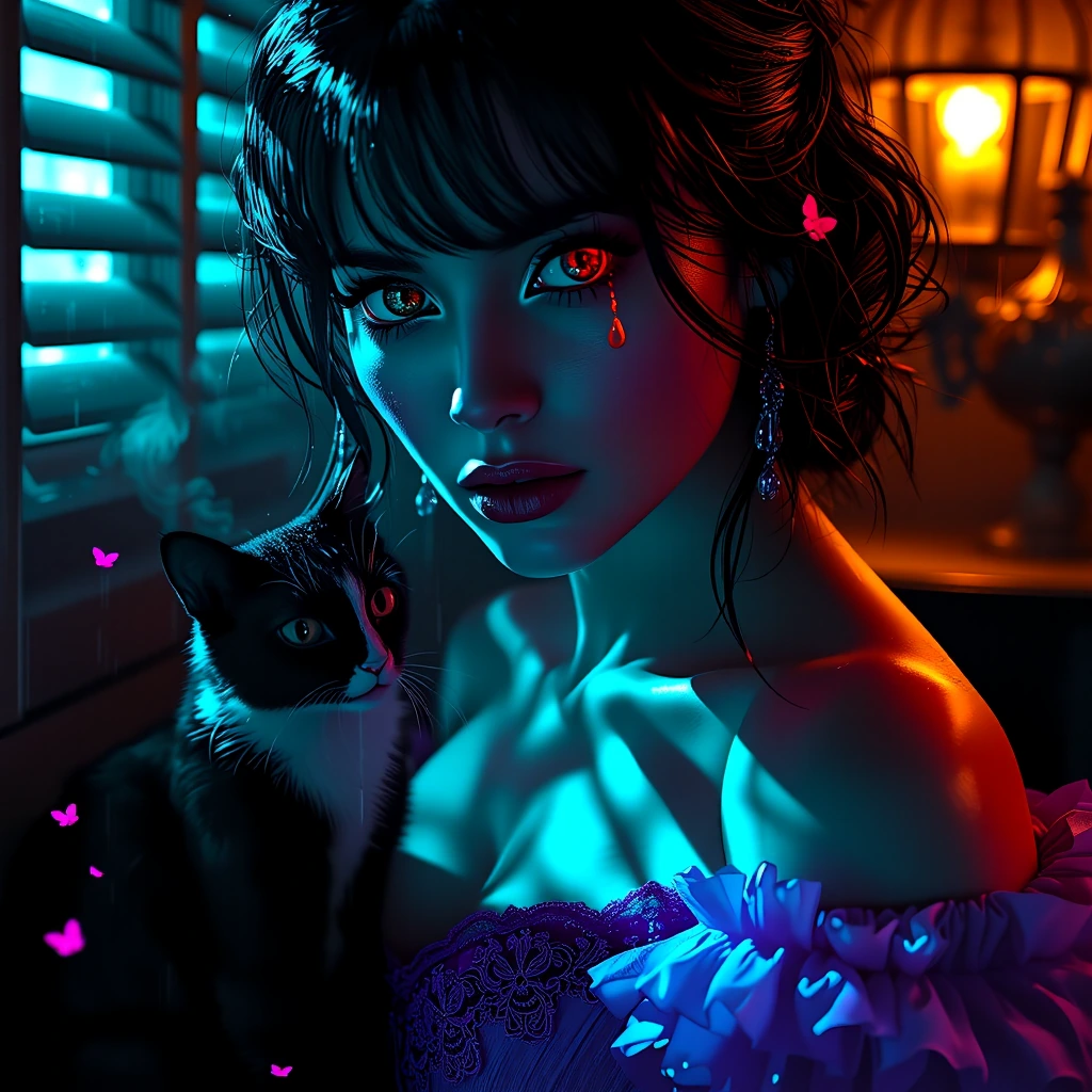 Film noir portrait, anamorphic lens flares and bloom, high-contrast monochrome with selective color, venetian blind shadows slicing across pale lumino