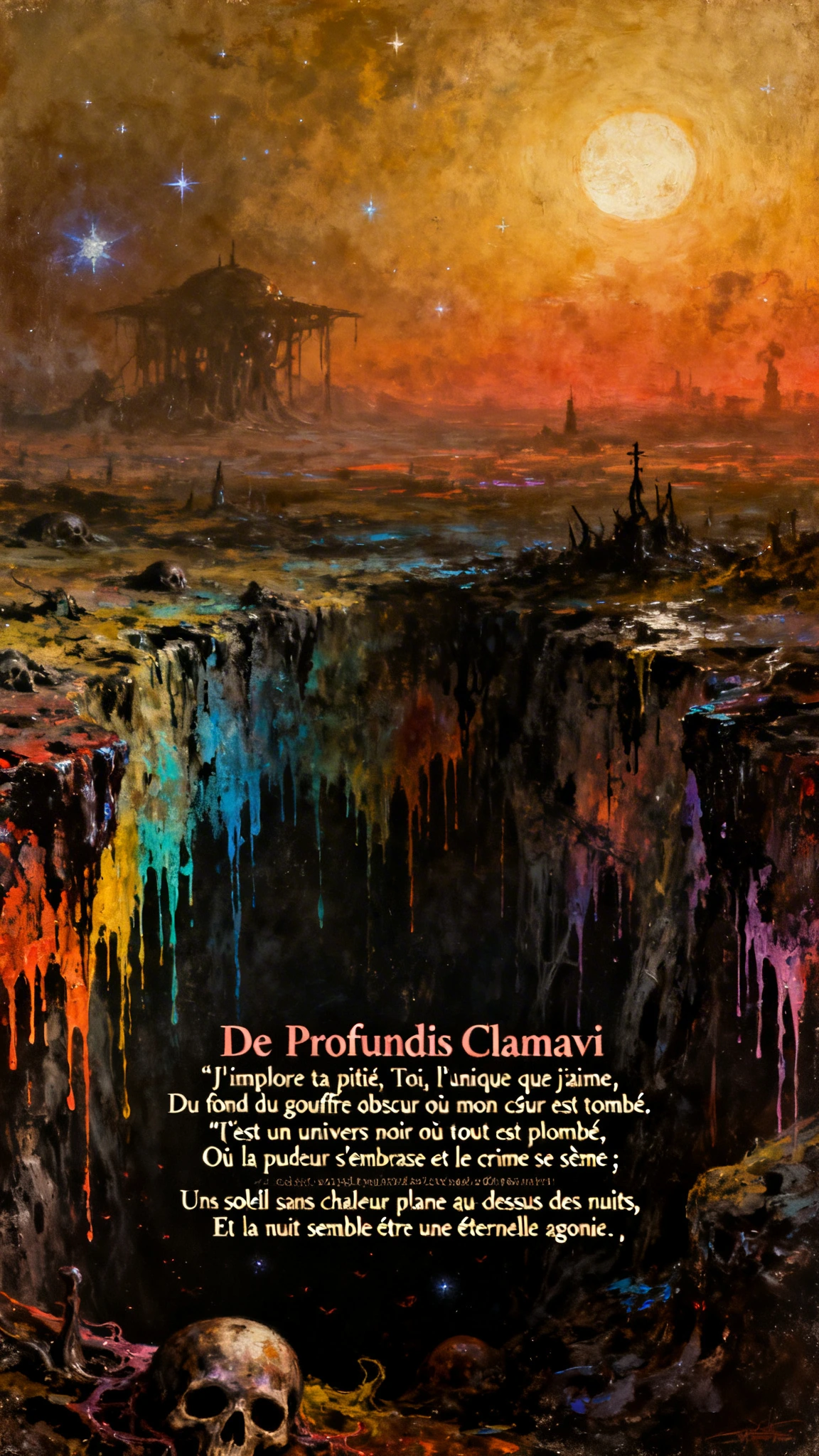 De Profundis Clamavi J'implore ta pitié, Toi, l'unique que j'aime, Du fond du gouffre obscur où mon cœur est tombé. C'est un univers noir où tout est 