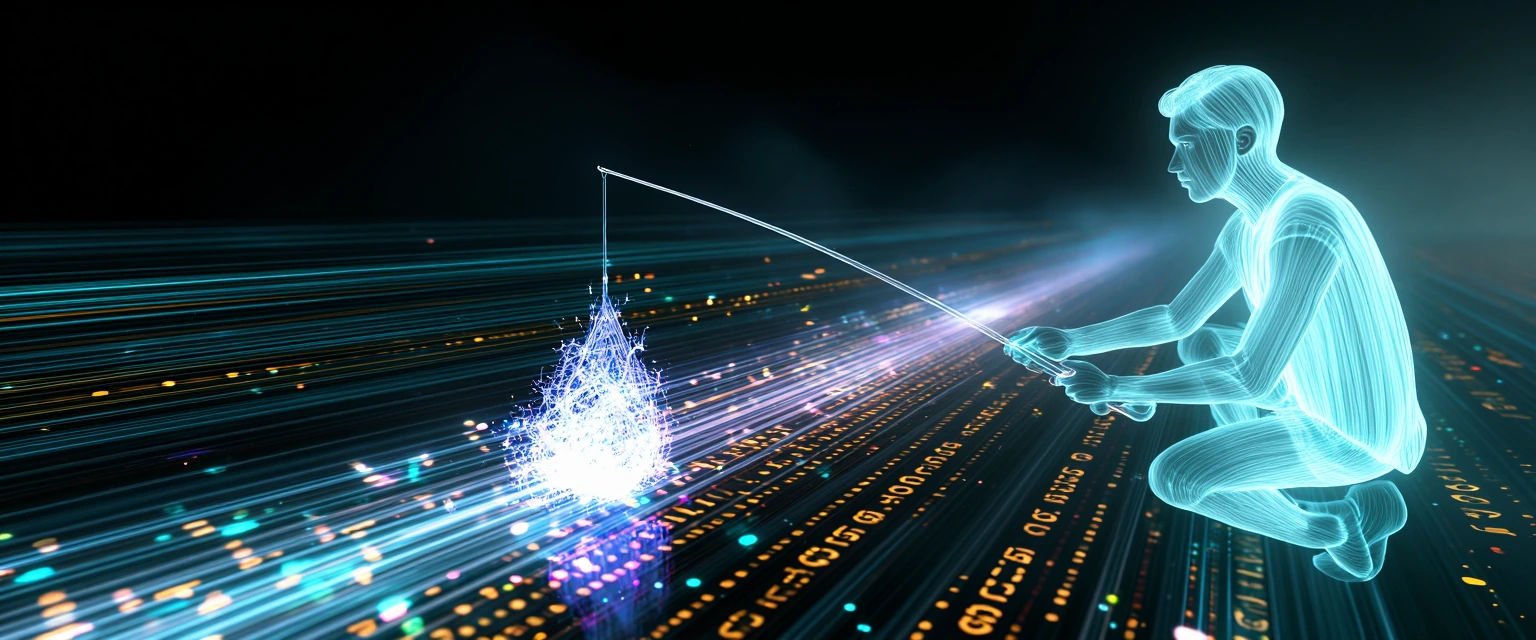 A luminous man composed entirely of flowing fiber-optic light strands kneels at the edge of a vast digital data stream, his translucent glowing body casting soft cyan and white radiance onto the surrounding darkness. The stream rushes horizontally ac