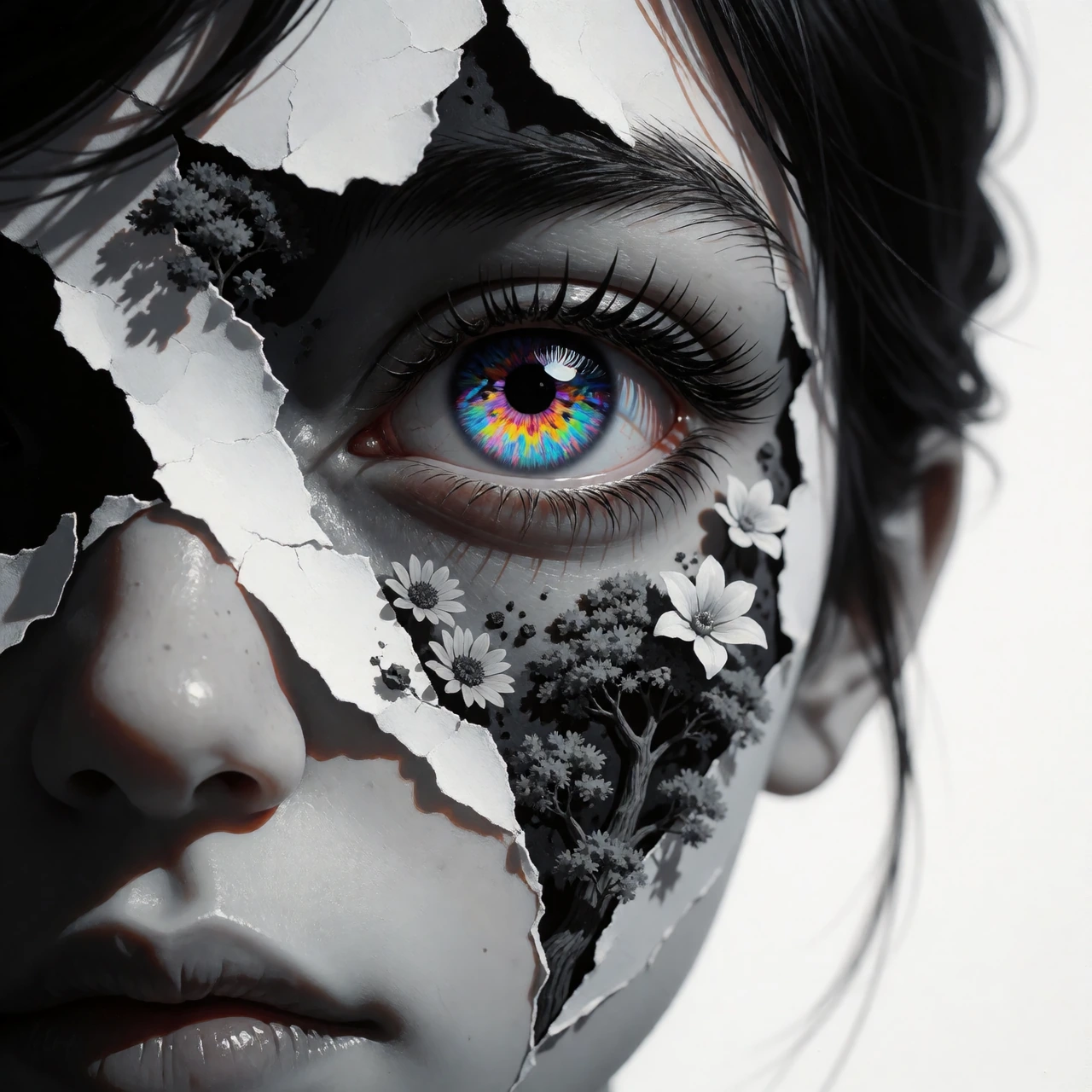 A hyperrealistic oil painting, her face is made of paper which tears away, revealing an eye peeking through ripped paper decored with ashes of and trees and flowers. The eye is extremely colorful kaleidoscope, capturing intricate details and textures