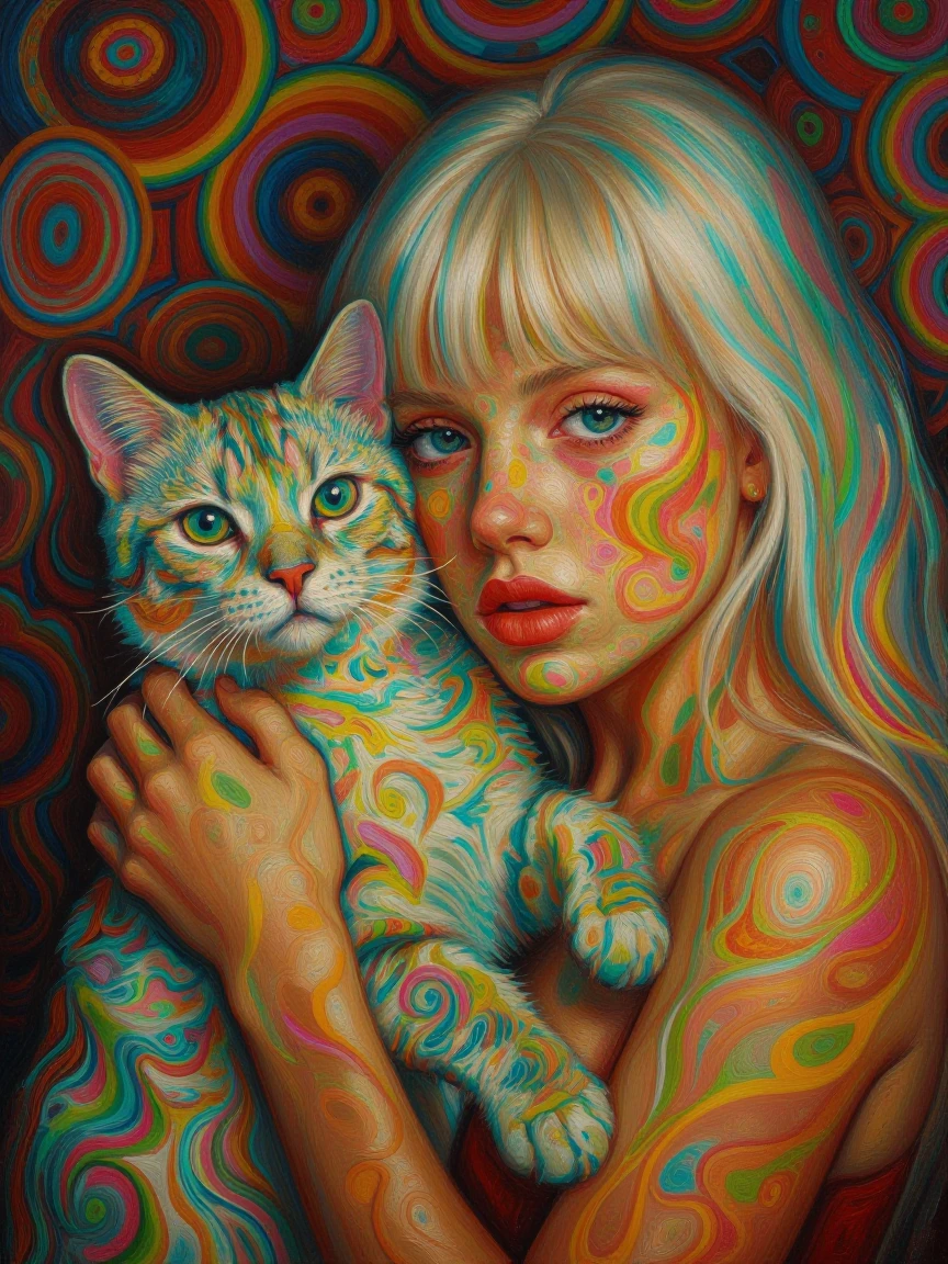 psychedelic portrait of woman with platinum blonde hair and cat together, vibrant surreal colors melting and swirling, abstract painterly brushstrokes