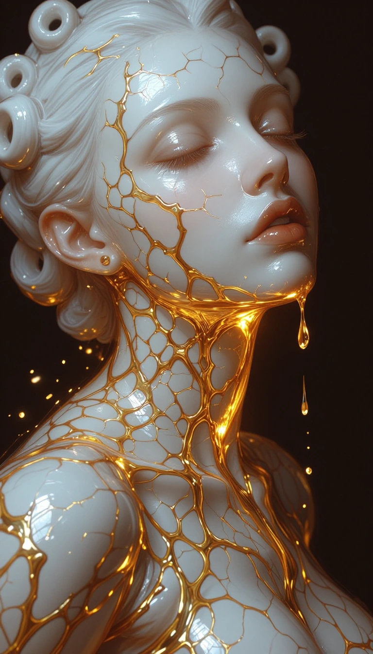 An ultra-high-resolution, macro-detail portrait of a feminine figure who appears to be an exquisitely crafted, life-sized sculpture made of pristine, translucent white porcelain. The porcelain has the texture of fine, matte bone china, with a delicat