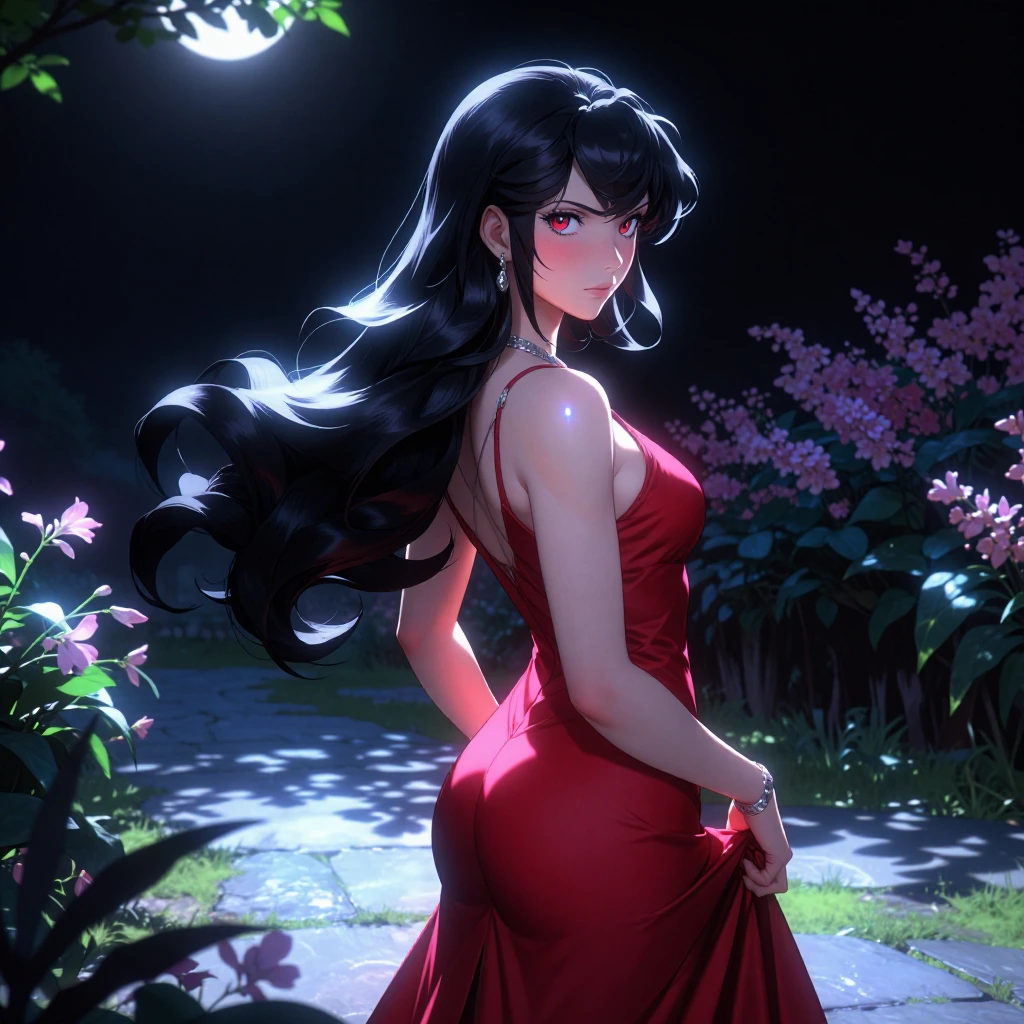 Tifa Lockhart standing in a moonlit garden at night, long black hair flowing softly down her back wi…