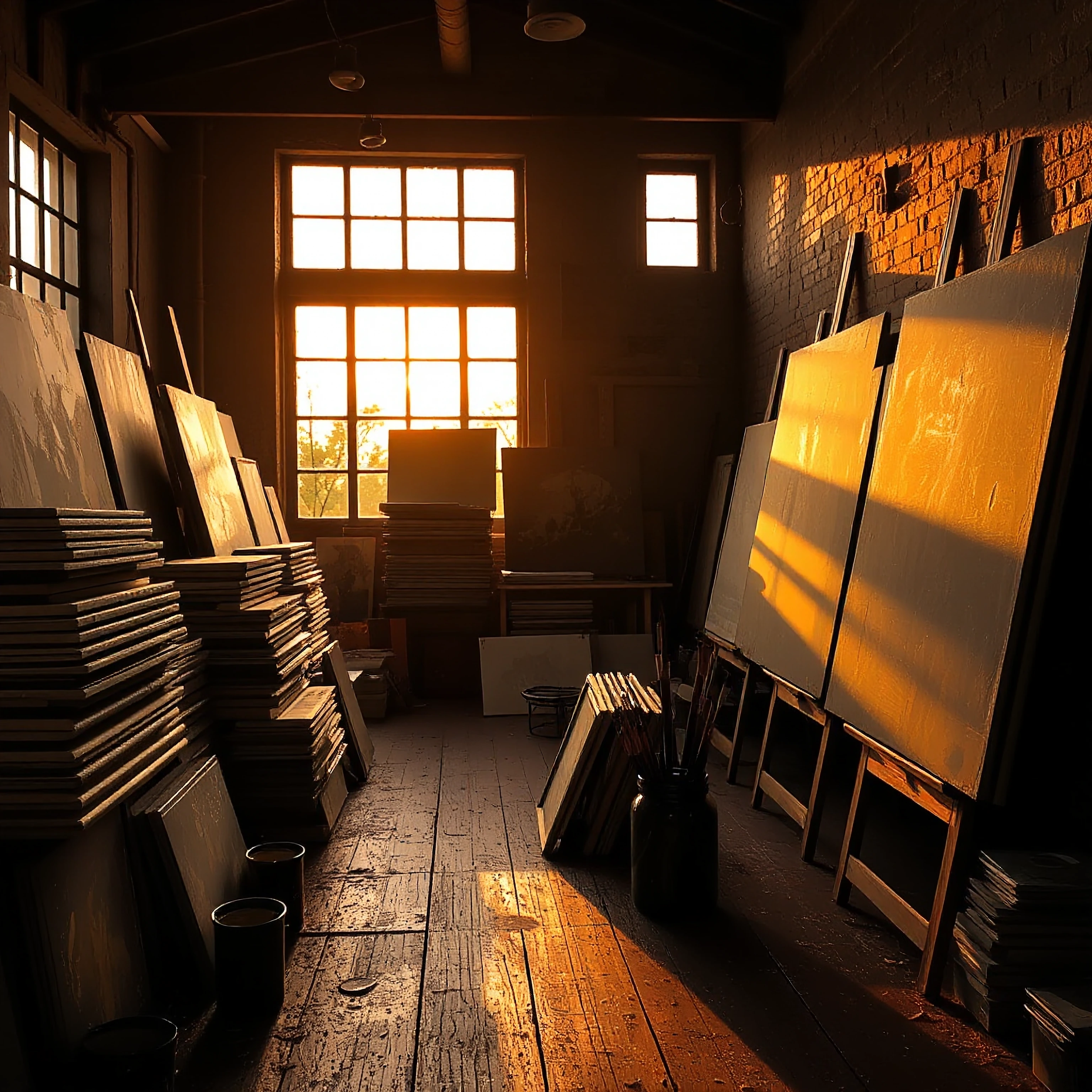 A master artist's studio bathed in twilight's amber glow, dozens of aged canvases stacked and leaning against weathered walls creating layered silhouettes, fifty years of artistic evolution visible in the ghostly procession of paintings, dust motes f