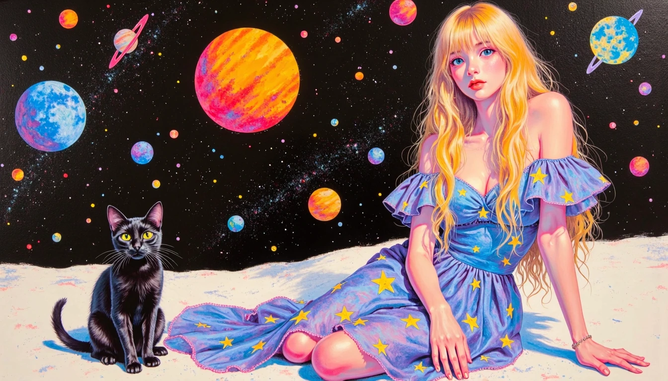 A woman with big sweet eyes and long hair, wearing an elegant dress adorned with stars, sits next to her black cat in a universe filled with planets and galaxies. The artwork features vibrant colors, a detailed background, and an oil painting style, 