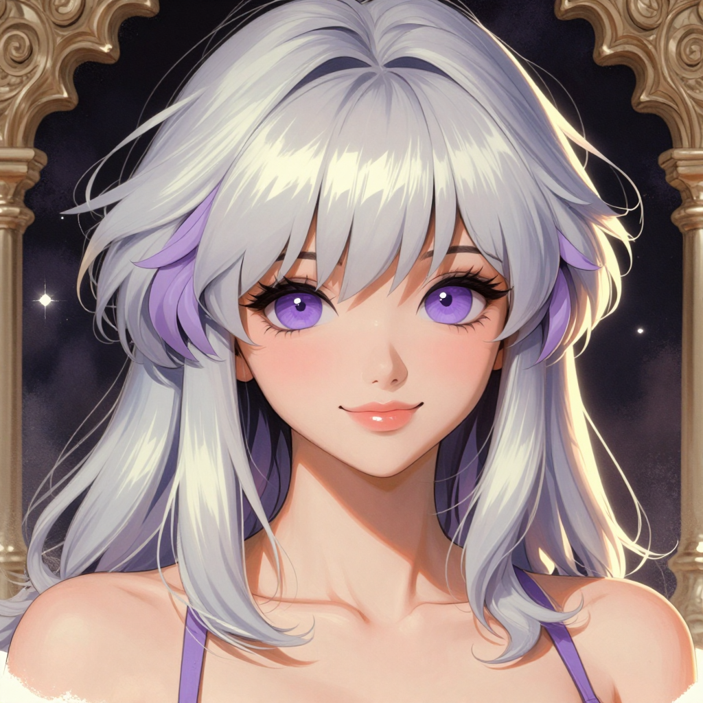 Gaming streamer with silver-white layered hair, violet eyes, lavender accents, candid webcam portrait, cozy ambient lighting, natural skin texture, su