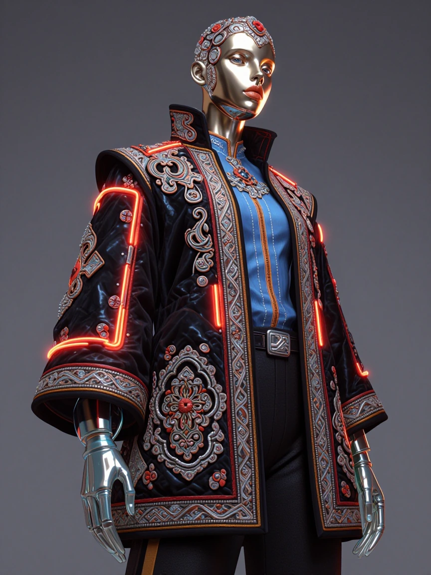 A full body metallic faceless figure. Surreal fashion jacket design. With Velvet fabric ornate with traditional Algerian embroidery . Neon lights. Arm