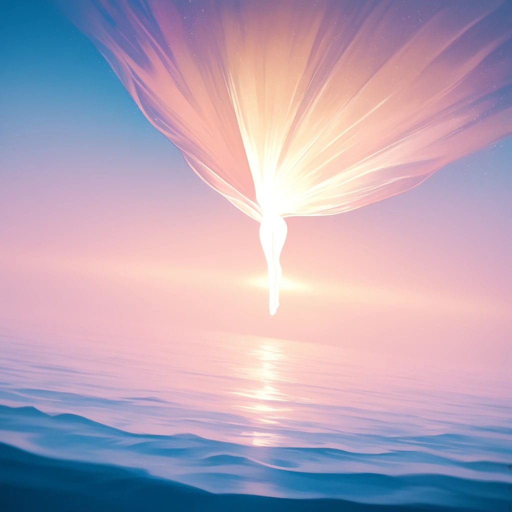 A solitary figure silhouetted against an infinite horizon where sky and ocean merge into indistinguishable planes of light, the boundary between water and air dissolving into luminous vapor, that sacred liminal threshold captured at the precise momen