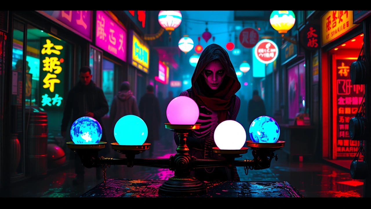 Rain-soaked alley market at dusk, neon signs reflected in black puddles, a skeletal vendor with oil-stained hands balancing luminescent spheres on antique brass scales—each orb glowing with soft inner light in magenta, cyan, and amber. Customers' fac
