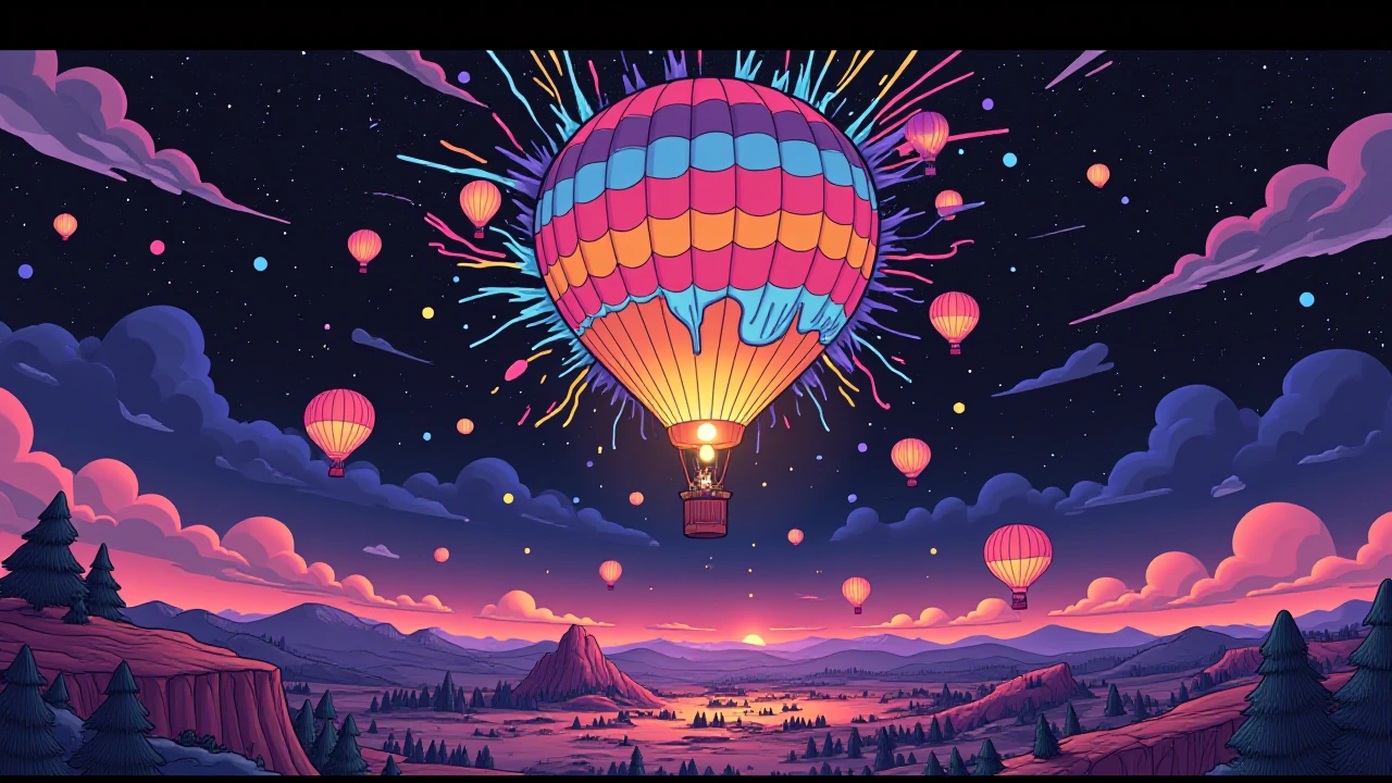 a vibrant colorful hot air balloon mid-transformation, fabric dissolving and morphing into liquid light and fractured geometry, neon energy trails flowing through the envelope, surreal dreamlike landscape below with impossible terrain and glowing atm