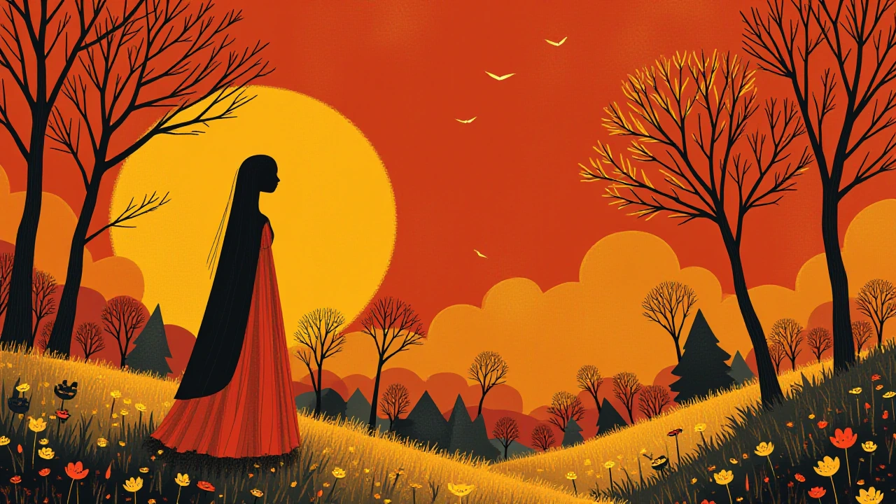 ethereal figure in a dreamlike landscape, deep focus, sharp details, rich fall color palette of burnt orange deep red and golden yellow, expressive painterly brushwork, subtle glowing outline around the character, high contrast, dramatic shadows, sha