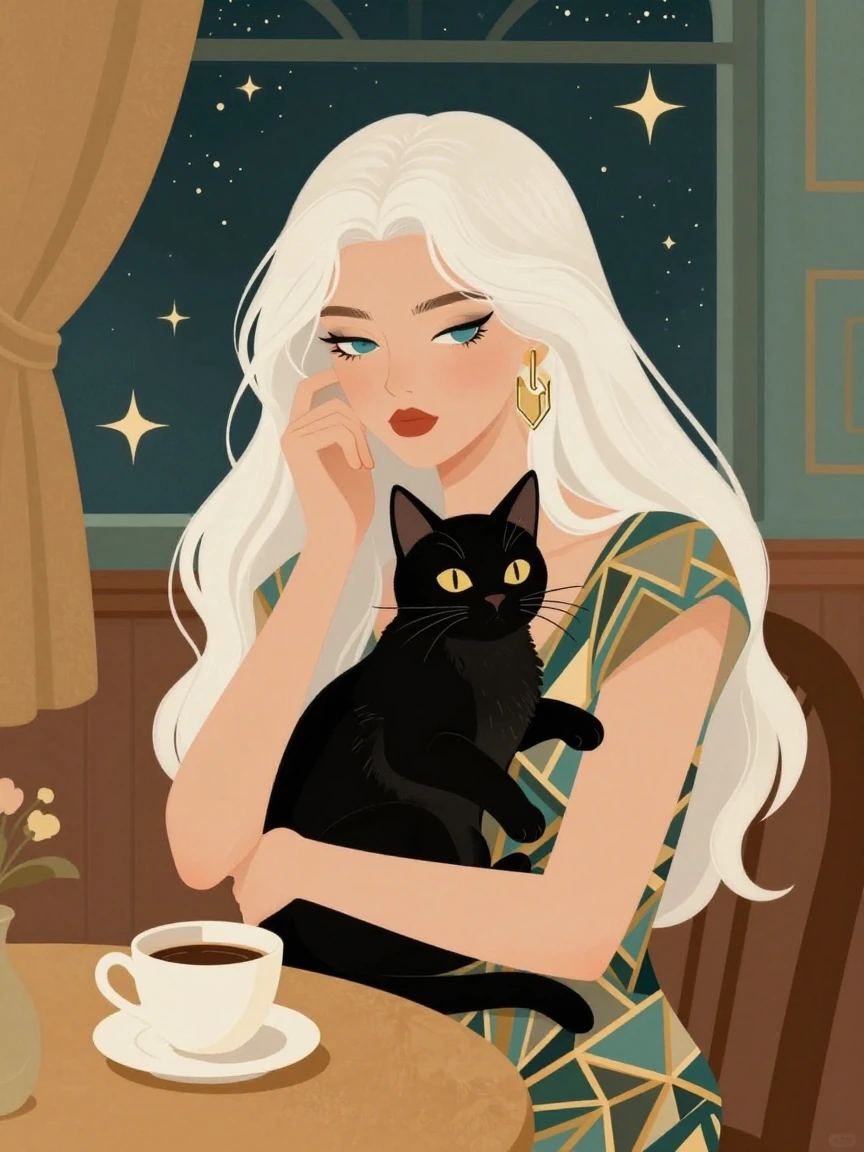 Woman with long flowing white hair and blue eyes holding a black cat, sitting at a table with coffee cup, art deco style illustration, warm amber and teal color palette, contemplative expression, elegant pose with hand near face, geometric patterned