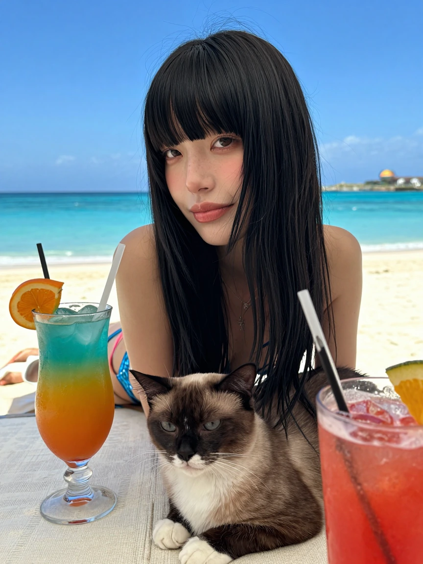 Amateur photo of a woman, long straight black hair with bangs at the beach in the Bahamas with a cat, relaxing, ambience, fancy drinks