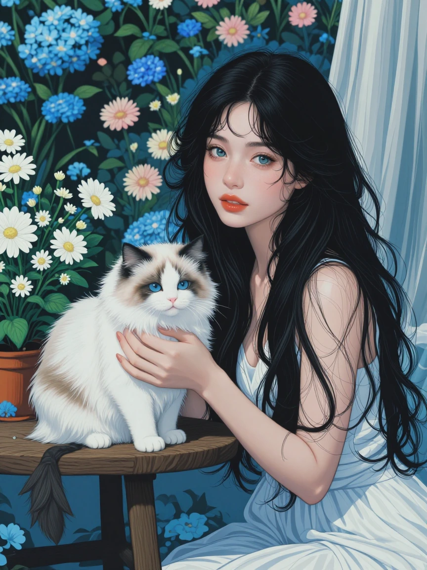 Beautiful woman with a cat at a flower show