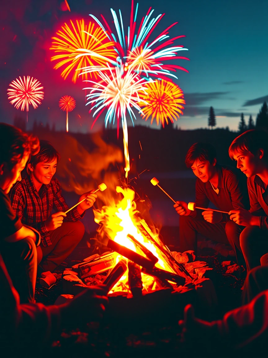 A multigenerational family gathered around a crackling campfire at dusk, roasting hot dogs and marshmallows on long sticks, their faces lit amber and orange by flames. Above them, the night sky erupts in red, white, and blue fireworks frozen mid-burs