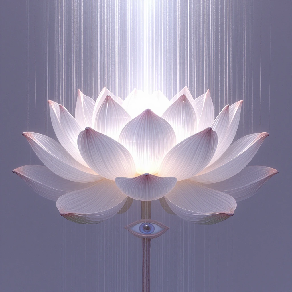 A third eye blooming open like a lotus flower, releasing cascading waves of luminous energy in shades of silver, violet, and ethereal white.