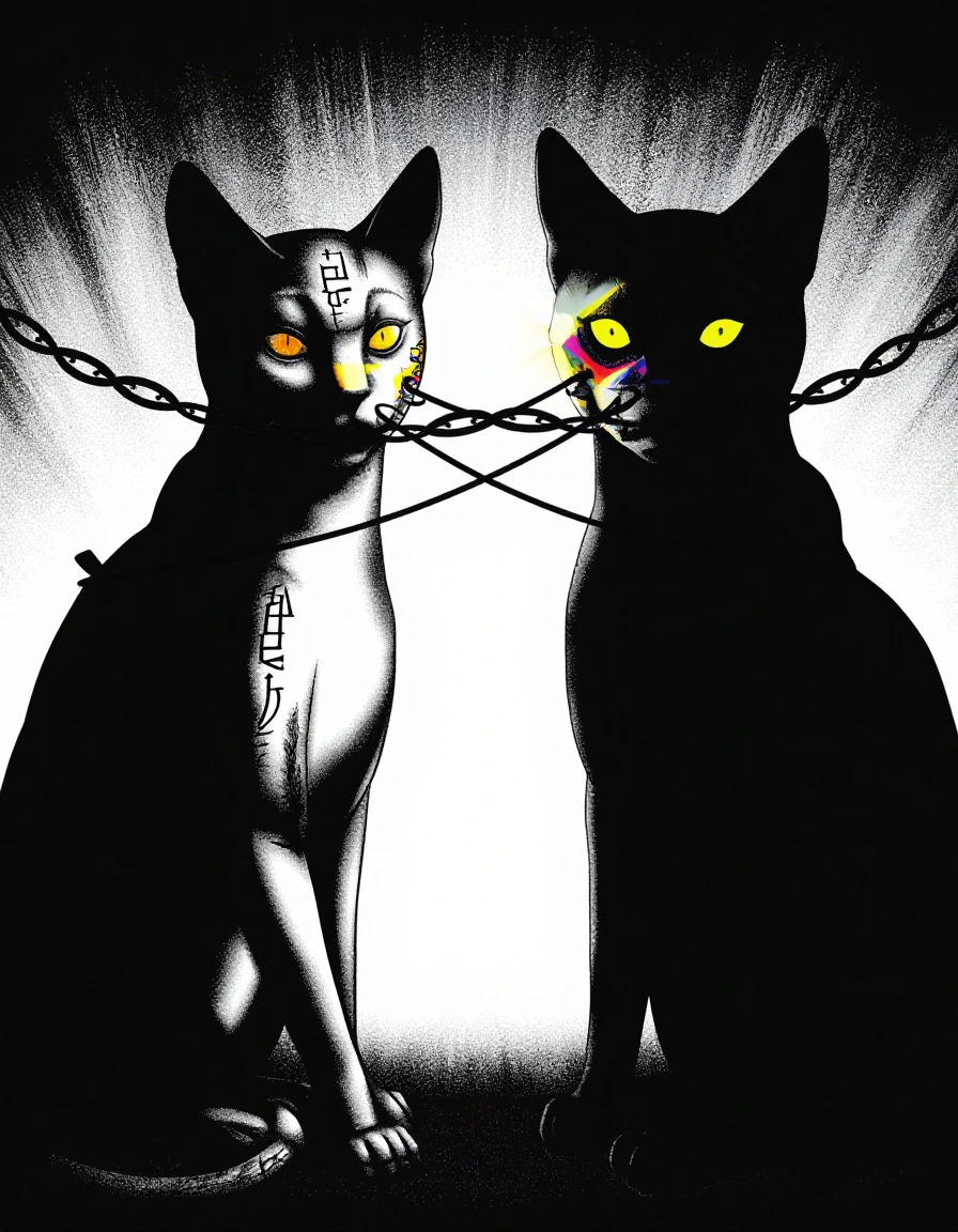 Temporal twins: two impossible cats with ancient rune tattoos on chrome-soft flesh, serving prophecy, paradox, and deeply judgmental eye contact. Time’s thread unravels into braided black-hole bows around them, like the universe tried to wrap a prese
