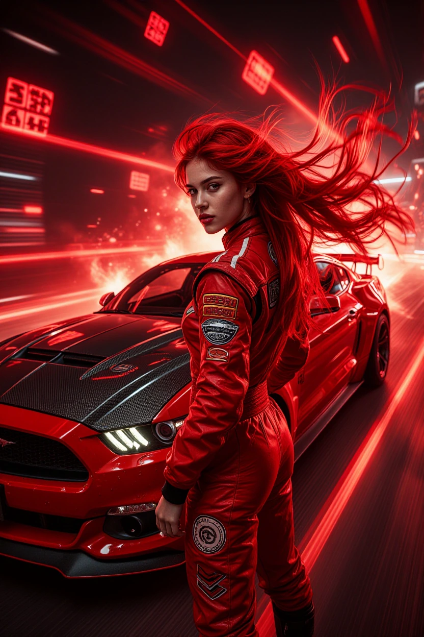 stunning young woman in the foreground, wearing highly detailed red racing attire with intricate sponsor patches, glossy leather accents, and form-fit