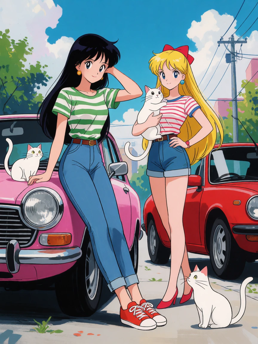 Popular anime women with cars and cats
