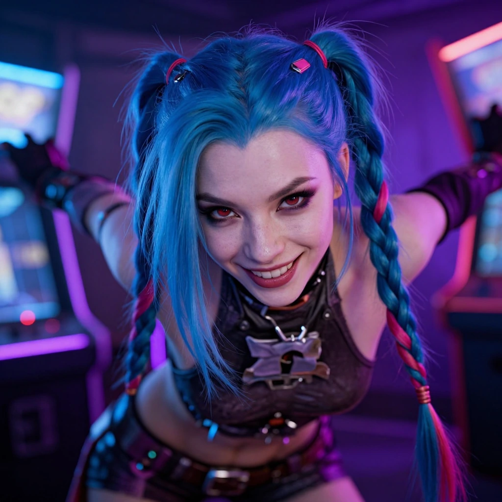portrait of Jinx, electric blue pigtail braids with vibrant neon accents, mischievous grin, pale complexion with heavy dark eye makeup and red-rimmed eyes, punk gamer aesthetic, wearing edgy tech-inspired outfit with metallic details, dynamic energet