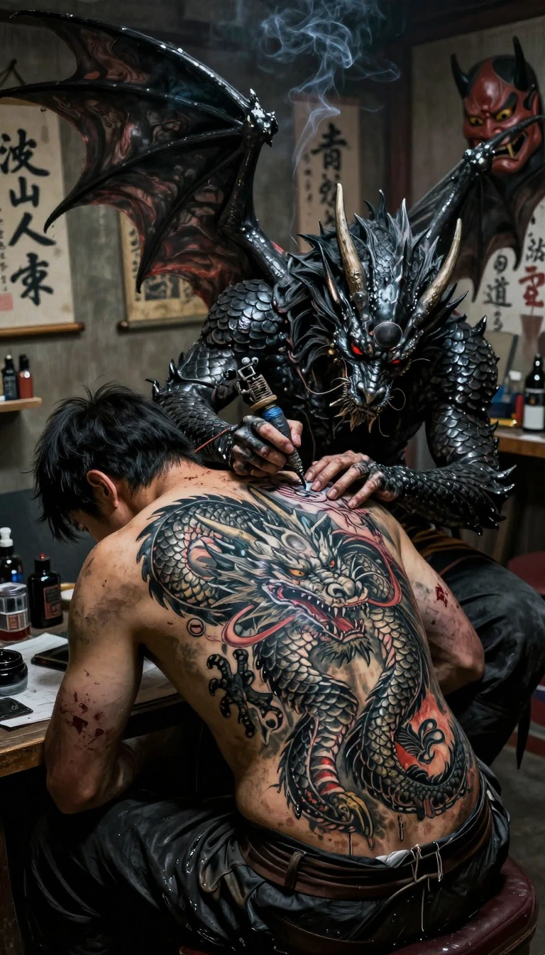 Cinematic, hyper-realistic wide shot of a dark, humanoid dragon with intricate obsidian scales and large leathery wings, acting as a tattoo artist. The dragon is meticulously tattooing a large, fierce dragon masterpiece onto the back of a muscular Ya