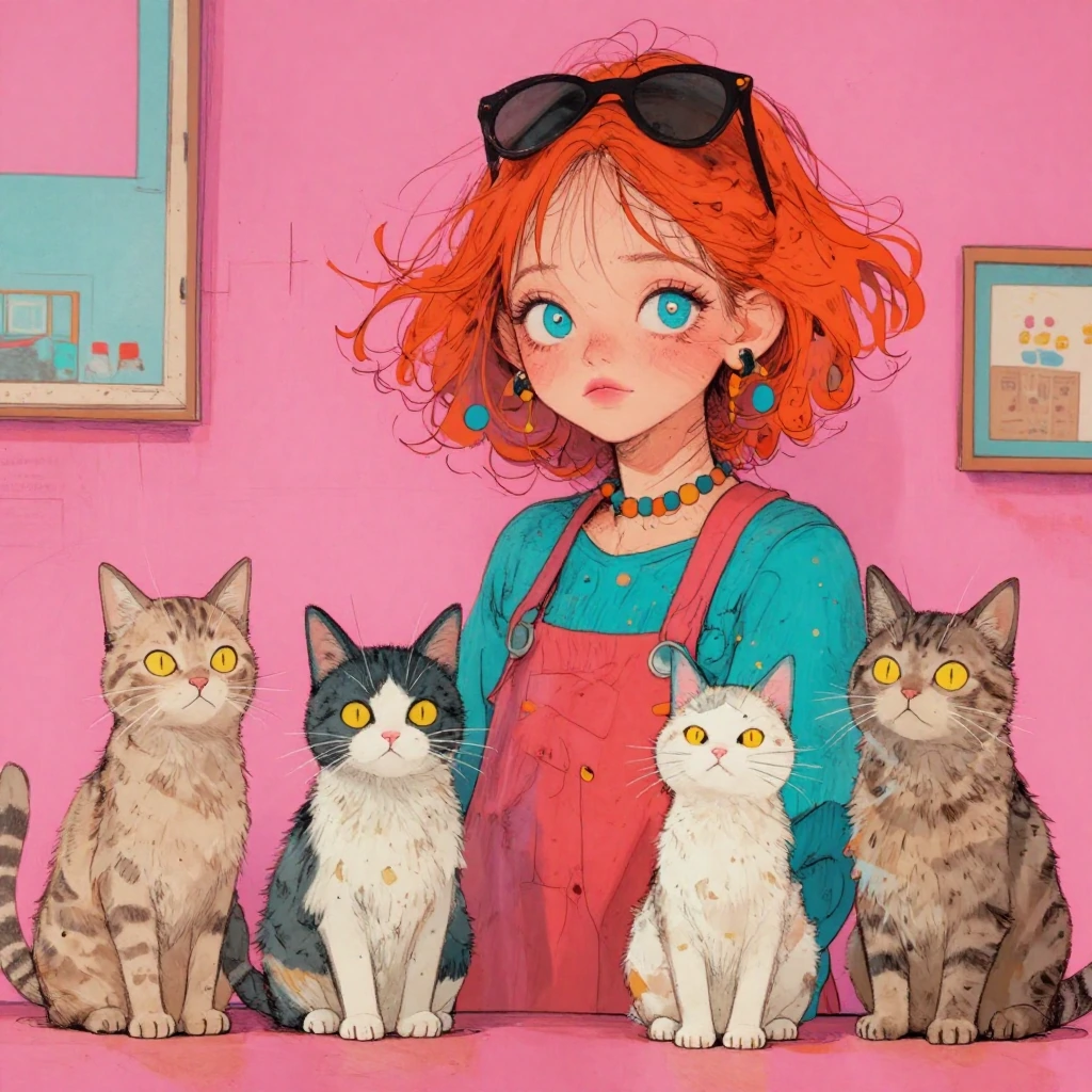 vivid color girl with four cats