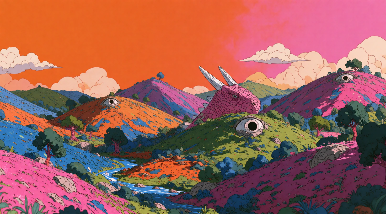 16:9 keyframe, high-grade illustration mixed with raw hand-drawn animation cel aesthetic, bold imperfect black ink lines, dense scribbled textures, and heavy graphic color, --sref 2564150510 “The hills have eyes.” A vast, rolling landscape of brightl