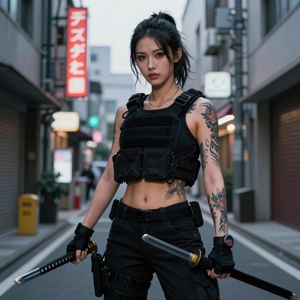 Street-level shot of a tattooed woman in modern tactical gear holding a traditional katana in an urban alleyway at dusk, realistic anime style with neon lighting.