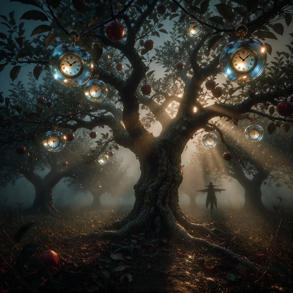 A surreal and dystopian orchard where time takes the place of fruit, with a sacred, gnarled apple tree at its centre, standing tall against a misty, monochrome twilight. On the branches, amongst the leaves, grow translucent, glass-like apples, inside