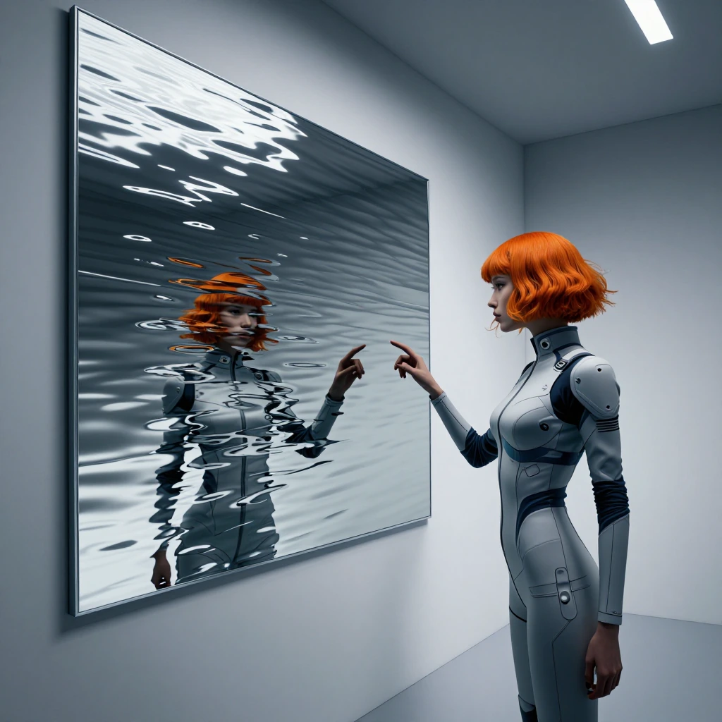 sleek minimalist room with sharp angular lines and soft cool lighting, a large mirror on the wall rippling like liquid water under a woman's fingertips, she has bright orange hair and wears a bladerunner-style fitted suit, clinical and controlled env