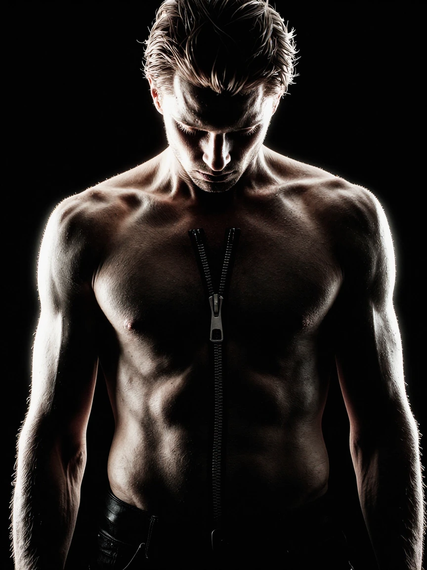 Hyper-detailed dramatic futuristic portrait of against a pure solid black background. A shirtless man looking down in anguish. A metal zipper runs the length of his abdomen up to the top of his chest. Striking high-contrast lighting with bright highl