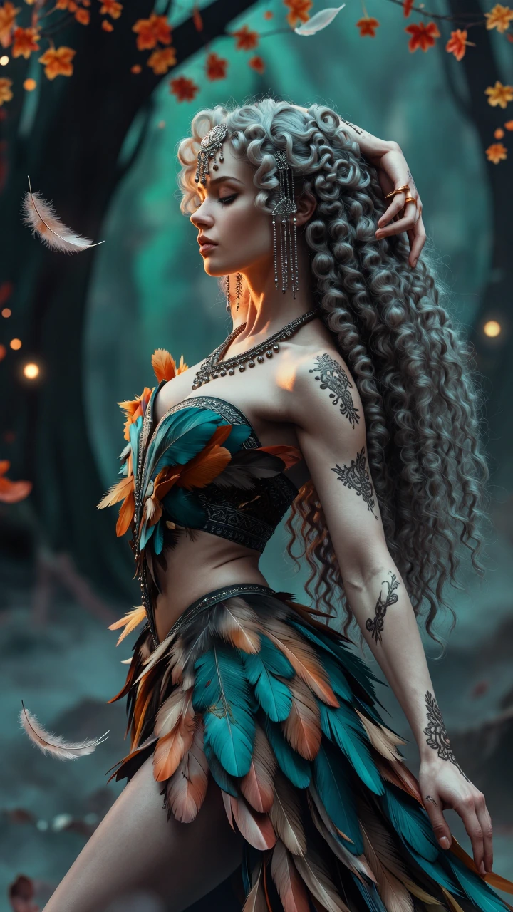 A stunning, highly detailed portrait of a female dancer in a flowing feather couture costume, waist-up in three-quarter profile with eyes downcast, se