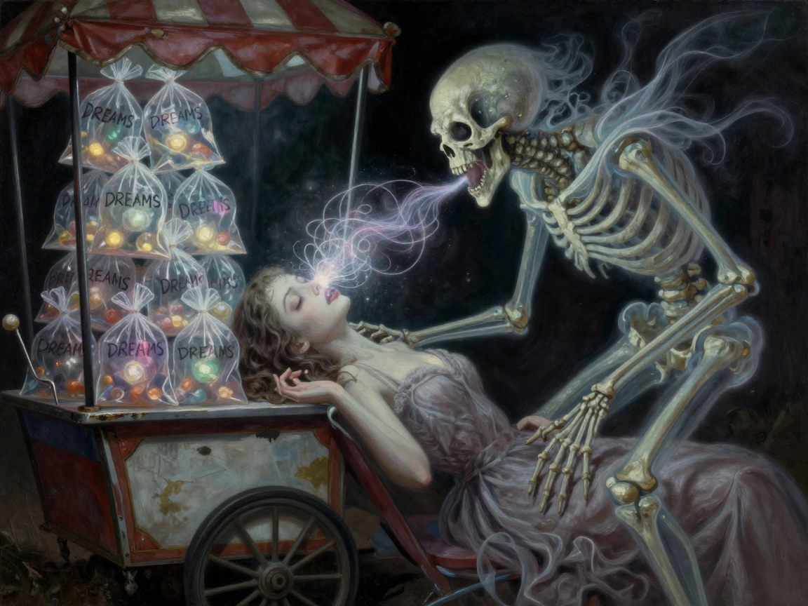 A nightmare creature—skeletal, translucent genie with elongated limbs and a hollow open mouth—siphoning luminous wisps of color directly from a sleepi